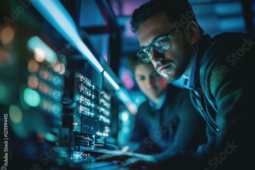 Focused technician troubleshooting a laptop issue in a vibrant tech lab environment with dramatic lighting, highlighting technical expertise and teamwork effort.