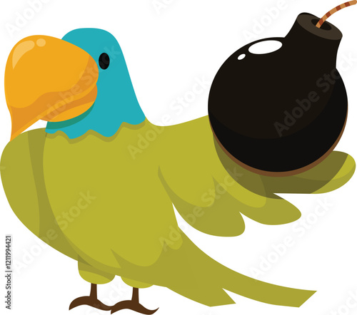 Cartoon illustration of a green parrot carrying a round bomb on its back, symbolizing danger and conflict