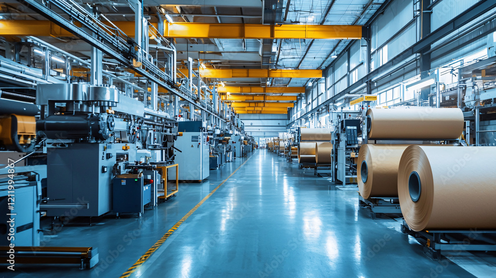Fototapeta premium A sleek, modern paper factory with clean, industrial design, featuring advanced machinery and efficient production lines, surrounded by a minimalistic, organized environment.