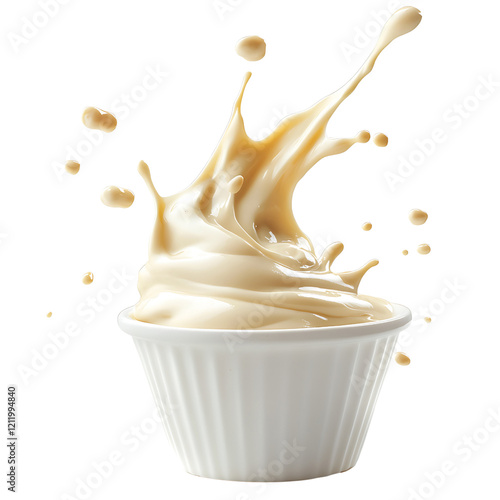 Condensed milk splash in a bowl isolated on a transparent background, perfect for food photography, dessert designs, and culinary projects photo