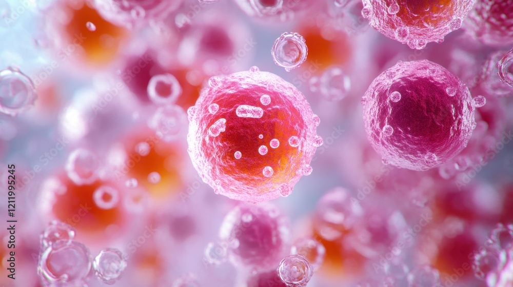 Microscopic view of cells, likely in a fluid environment, with varying shades of pink and orange hues Microscopic view of cells, likely in a fluid environment, with varying shades of pink and orange hues