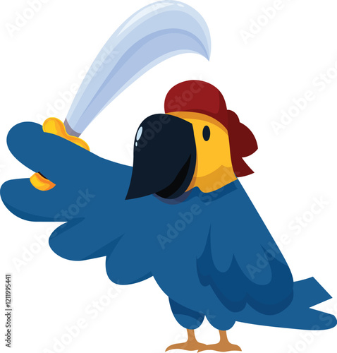 Blue cartoon pirate parrot brandishing cutlass, isolated on white background