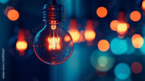 Glowing light bulb on bokeh lightbulbs background as turning light on symbol - concept of modern innovations.