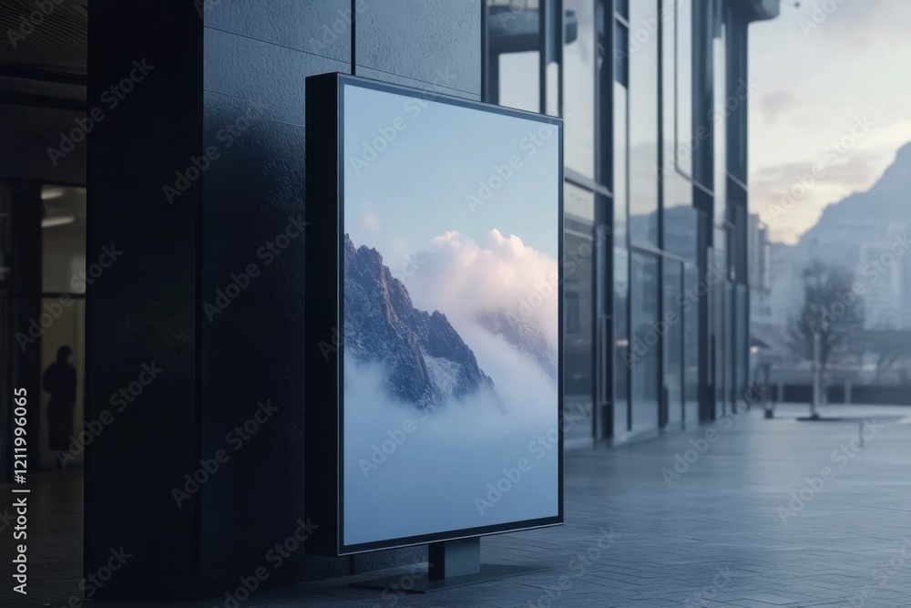 Fototapeta premium Modern Digital Display Showcasing Mountain Landscape in Urban Setting