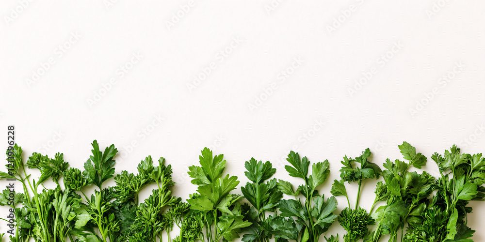 A border of fresh green parsley sprigs on a white background. A border of fresh green parsley sprigs on a white background.