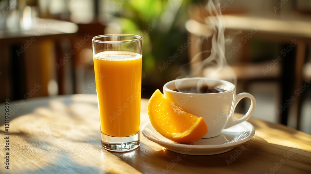 A warm breakfast scene with fresh orange juice, coffee, and a slice of orange on a wooden table under sunlight A warm breakfast scene with fresh orange juice, coffee, and a slice of orange on a wooden table under sunlight