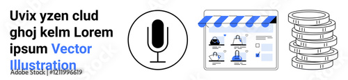 E-commerce website with storefront, microphone symbol, and stack of coins. Ideal for digital marketing, online shopping, store setup, podcast, finance savings and ecommerce themes. Landing page