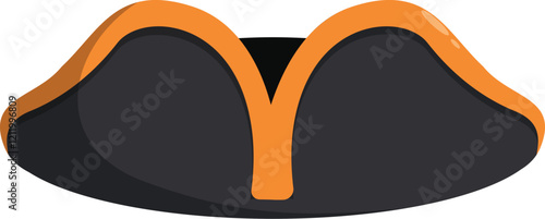 Tricorn hat, bicorne hat, black and orange hat, pirate hat, costume accessory, isolated on white background, headwear, fashion accessory
