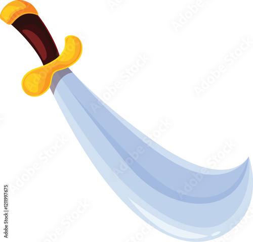 Cartoon illustration of a curved sword featuring a golden hilt and brown handle, set against a clean white backdrop