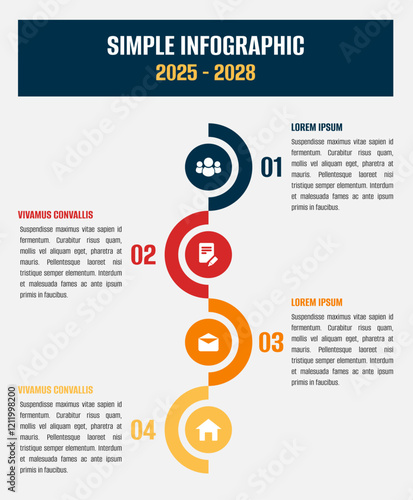 Simple 4 color infographic. Info graphic with 4 color circles and items.