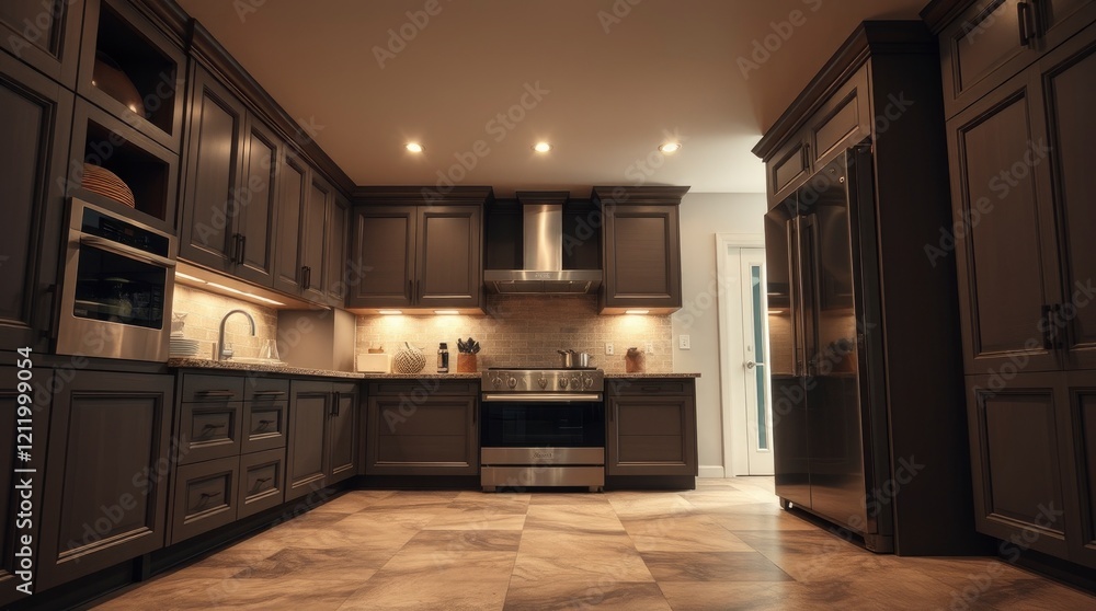 Fototapeta premium Modern Gray Kitchen: Sleek Design with Warm Wood Accents