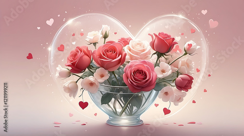 Romantic Heart-Shaped Pink Rose Bouquet: Enclosed in Transparent Heart with Floating Confetti and Petals
