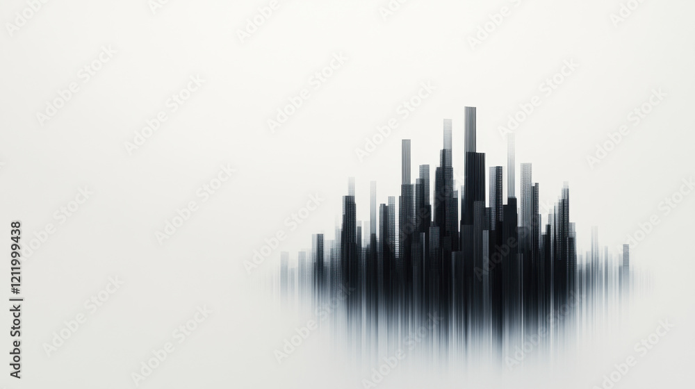 An abstract representation of a skyline or soundwave, featuring vertical black lines against a minimalistic white background. An abstract representation of a skyline or soundwave, featuring vertical black lines against a minimalistic white background.