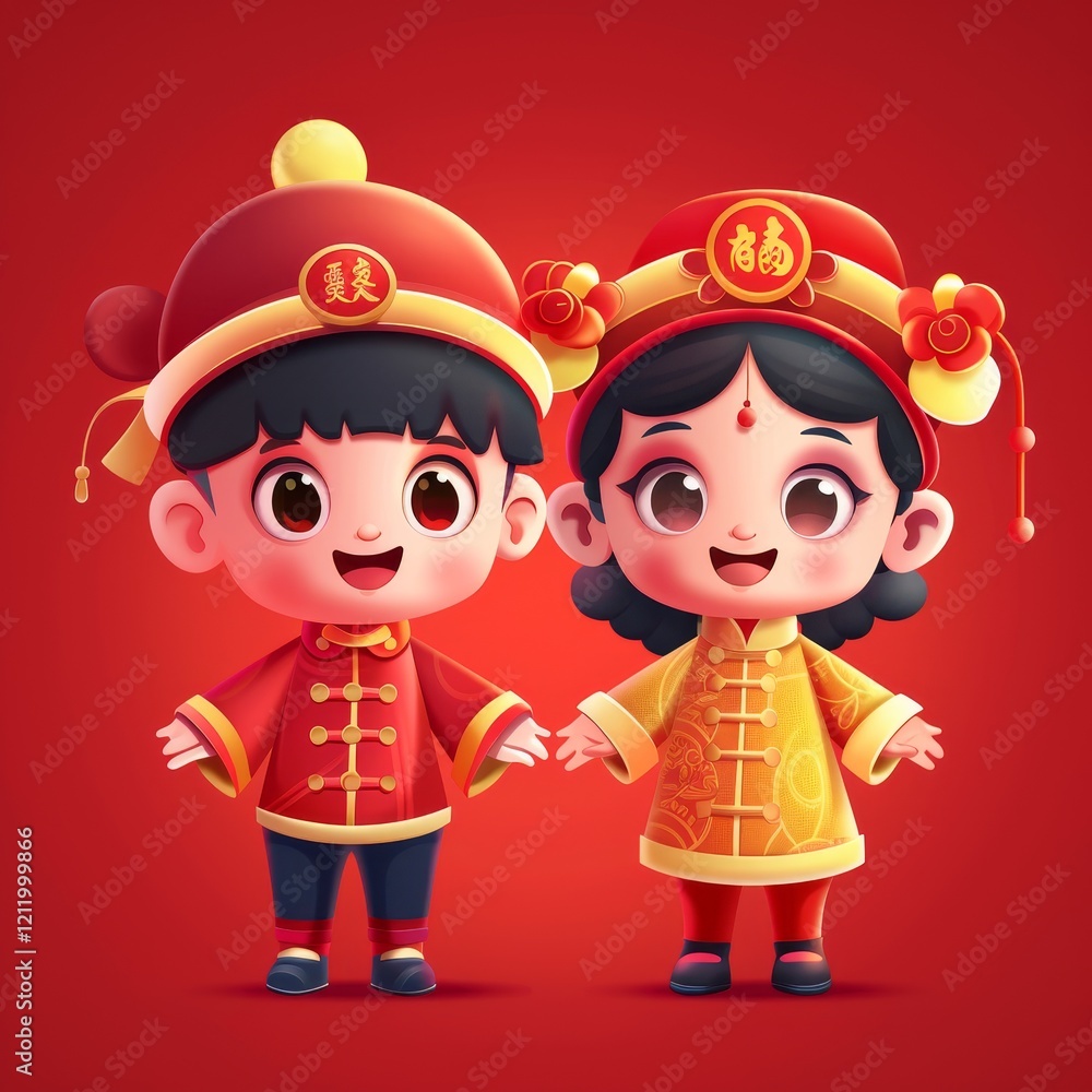 A cute cartoon couple dressed in traditional Chinese clothing smiling and holding hands. A cute cartoon couple dressed in traditional Chinese clothing smiling and holding hands.
