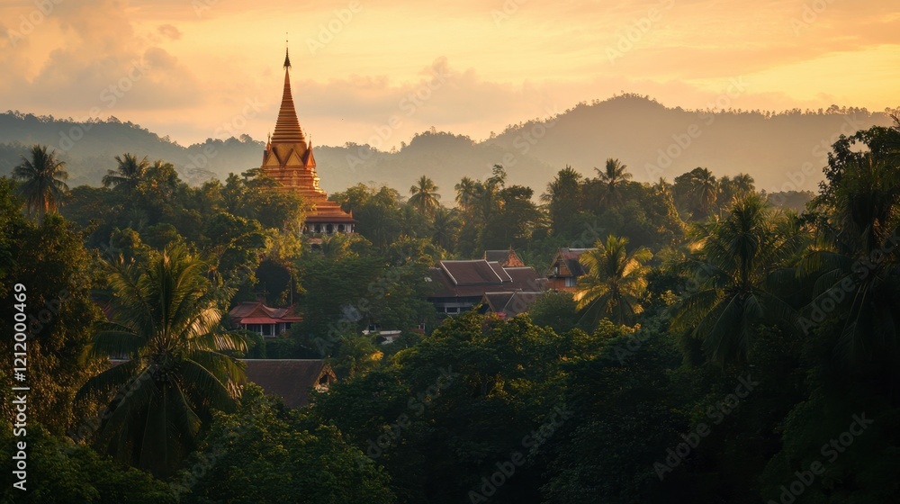Fototapeta premium A serene view of Wat Phra That Lampang Luang from a distance, with the temple's chedi rising majestically above the trees.