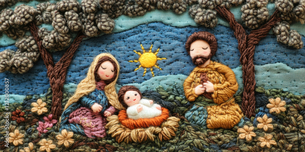 Obraz premium A handmade depiction of the Nativity scene, featuring Mary, Joseph, and baby Jesus surrounded by nature and colorful elements.