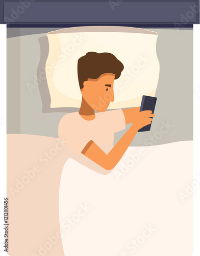 Young man using smartphone in bed late at night, suffering from insomnia or nomophobia