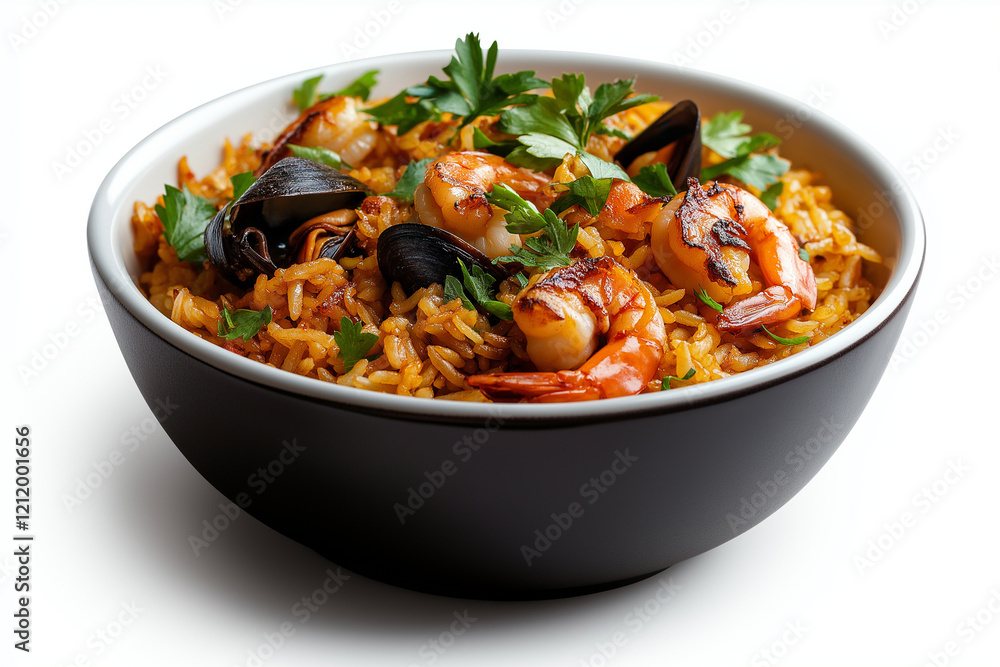 Delicious stir fried rice with mussels and shrimp garnished with fresh parsley in black bowl, perfect for seafood lovers Delicious stir fried rice with mussels and shrimp garnished with fresh parsley in black bowl, perfect for seafood lovers