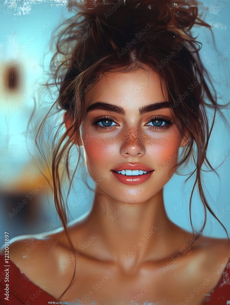Beautiful freckled woman smiling with messy bun hairstyle Beautiful freckled woman smiling with messy bun hairstyle