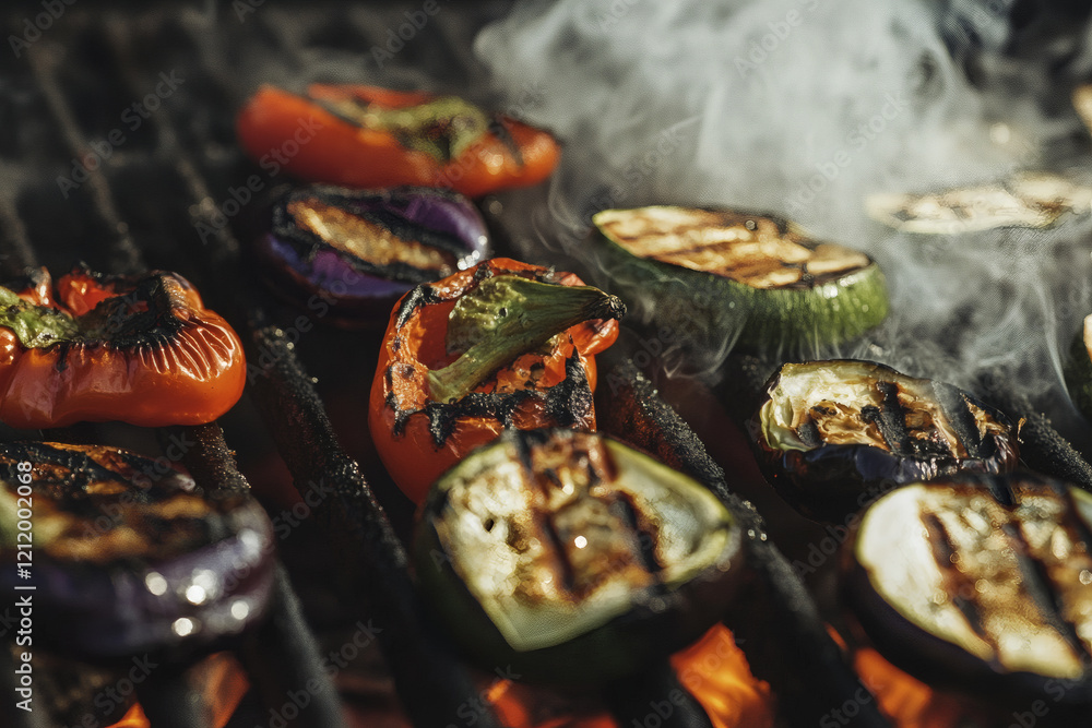 A rustic scene of vibrant peppers, zucchini, and eggplant caramelizing on a glowing grill. Charred edges and glistening oils shine under warm light, with soft smoke and scattered ash A rustic scene of vibrant peppers, zucchini, and eggplant caramelizing on a glowing grill. Charred edges and glistening oils shine under warm light, with soft smoke and scattered ash