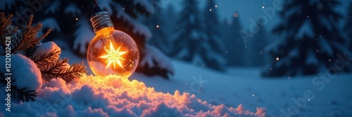 Glowing starlight bulb illuminates a snowy winter landscape, glow, gentle glow