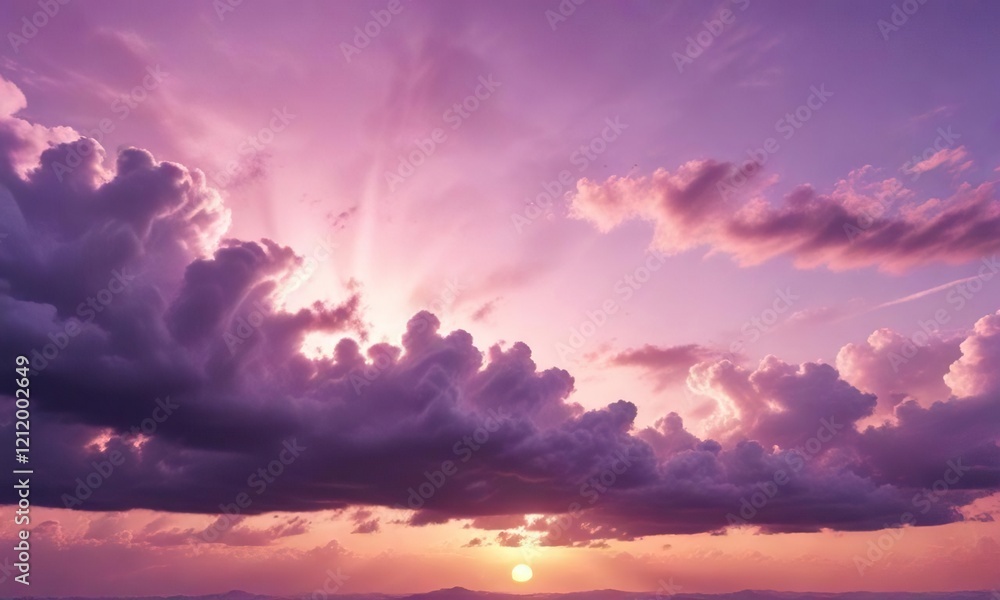 Obraz premium Pastel pink and purple sky with sun setting behind clouds, beautiful, sunset, pastel