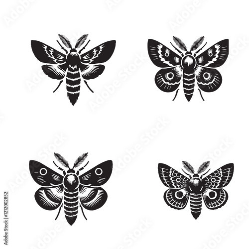 High-Quality Monochrome Vector Silhouettes of the Umber Moth Isolated on a White Background"