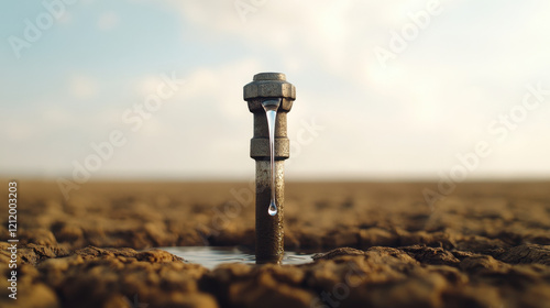 A solitary faucet stands in a dry, cracked landscape, with a single drop of water falling, symbolizing scarcity and the importance of water conservation. photo