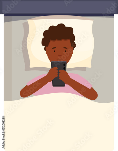 Young man using smartphone in bed at night, suffering from insomnia or checking social media