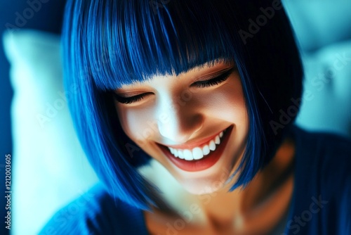 Commercial digital ads creative. Short hairdo - blue hair. Gorgeous smiling mixed-race girl - for ads, marketing material and web marketing use. Bold african advertising. Advertising campaign. photo