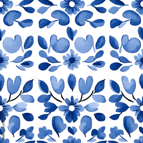 Blue and white watercolor simple azulejos tile with floral design pattern, white background