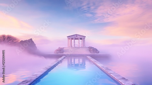 Serene temple reflected in a still pool, nestled amidst ethereal mist and pastel sunrise. Tranquil, dreamy landscape.