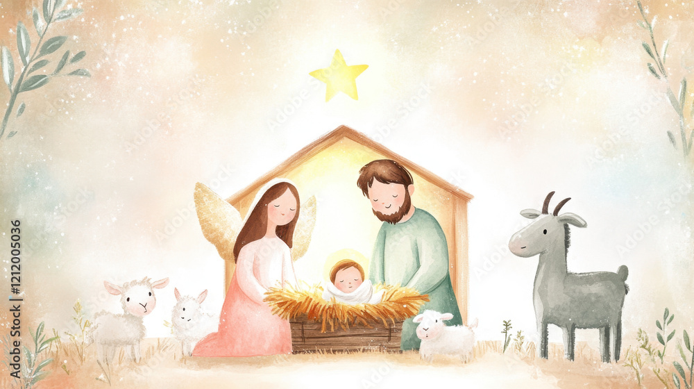 Naklejka premium A serene nativity scene featuring a family with an angel, a baby in a manger, and gentle animals set against a soft, pastel backdrop.