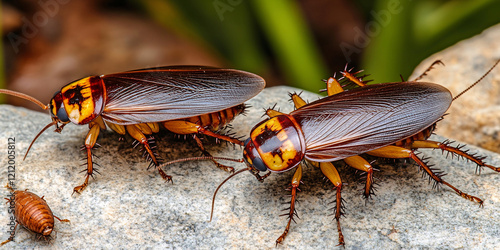 Two vibrant orange-banded cockroaches in a detailed macro shot. photo