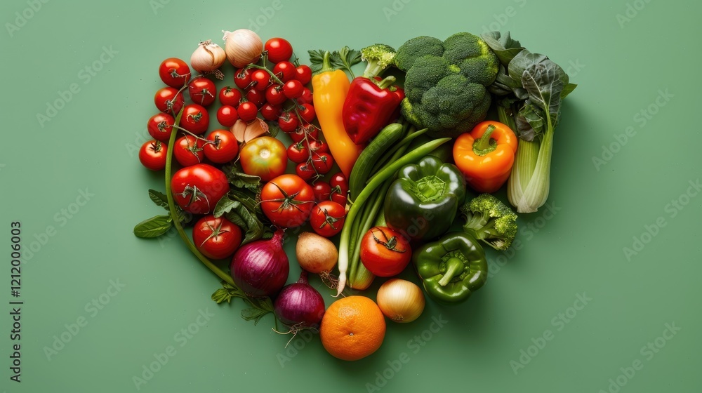 Assorted fresh heart-shaped vegetables, including peppers, tomatoes and broccoli, on a monochrome green background, symbolizing health. Assorted fresh heart-shaped vegetables, including peppers, tomatoes and broccoli, on a monochrome green background, symbolizing health.
