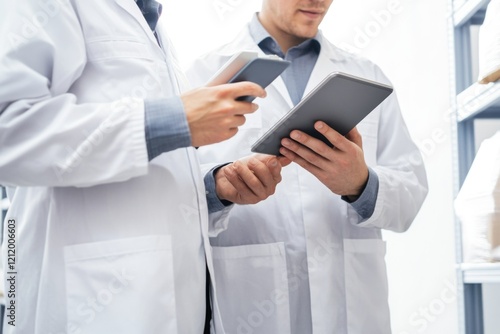 Two scientists reviewing data on a tablet in a laboratory setting
