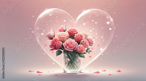 Romantic Heart-Shaped Pink Rose Bouquet: Enclosed in Transparent Heart with Floating Confetti and Petals