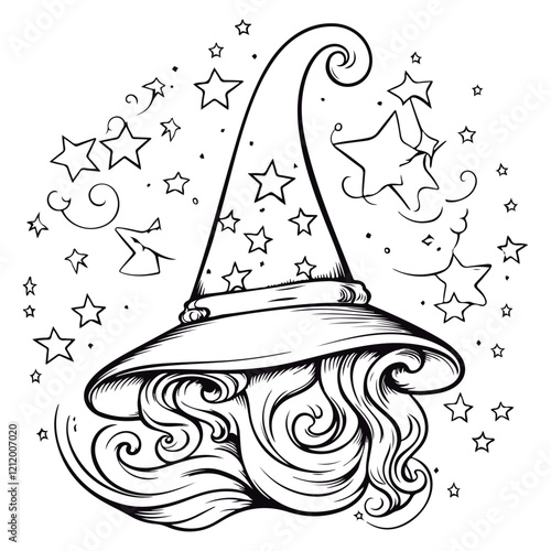 Coloring book for children wizards hat Black and white vector illustration.