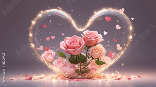 Romantic Heart-Shaped Pink Rose Bouquet: Enclosed in Transparent Heart with Floating Confetti and Petals
