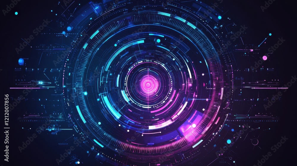 Abstract futuristic digital technology background with vibrant circular patterns, glowing lines, and colorful dots in a dark atmosphere, perfect for tech-related themes and designs. Abstract futuristic digital technology background with vibrant circular patterns, glowing lines, and colorful dots in a dark atmosphere, perfect for tech-related themes and designs.