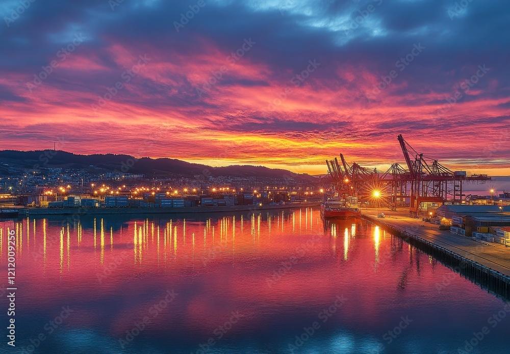 Vibrant Sunset Over Shipping Port with Cranes Reflected in Calm Water, Showcasing a Colorful Sky and Urban Infrastructure in a Breathtaking Scenic View of Dusk Vibrant Sunset Over Shipping Port with Cranes Reflected in Calm Water, Showcasing a Colorful Sky and Urban Infrastructure in a Breathtaking Scenic View of Dusk