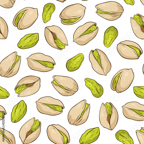 Seamless pattern with pistachio nuts on white background, vector hand-drawn illustration