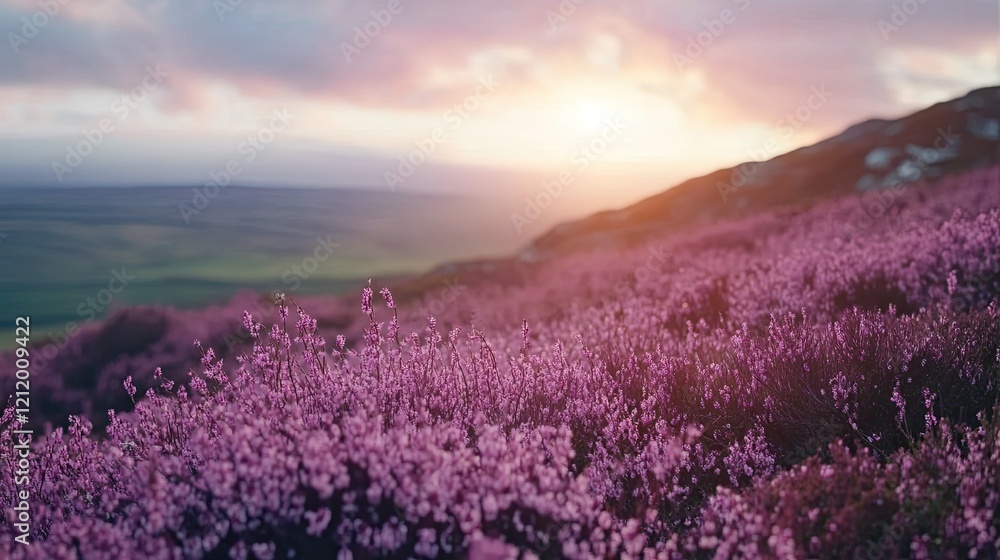 Fototapeta premium Sunset over heather hillside, scenic view, peaceful landscape, nature photography, ideal for travel brochures