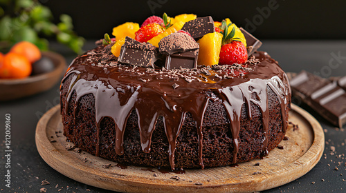 A thick and fluffy chocolate fudge cake, drenched in rich chocolate sauce, decorated with a sprinkle of grated chocolate and topped with fresh, vibrant fruits, making it a mouthwatering treat. photo