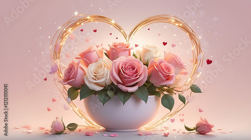 Enchanted Heart-shaped Pink Rose with Glowing Hearts: Romantic and Dreamy Floral Fantasy