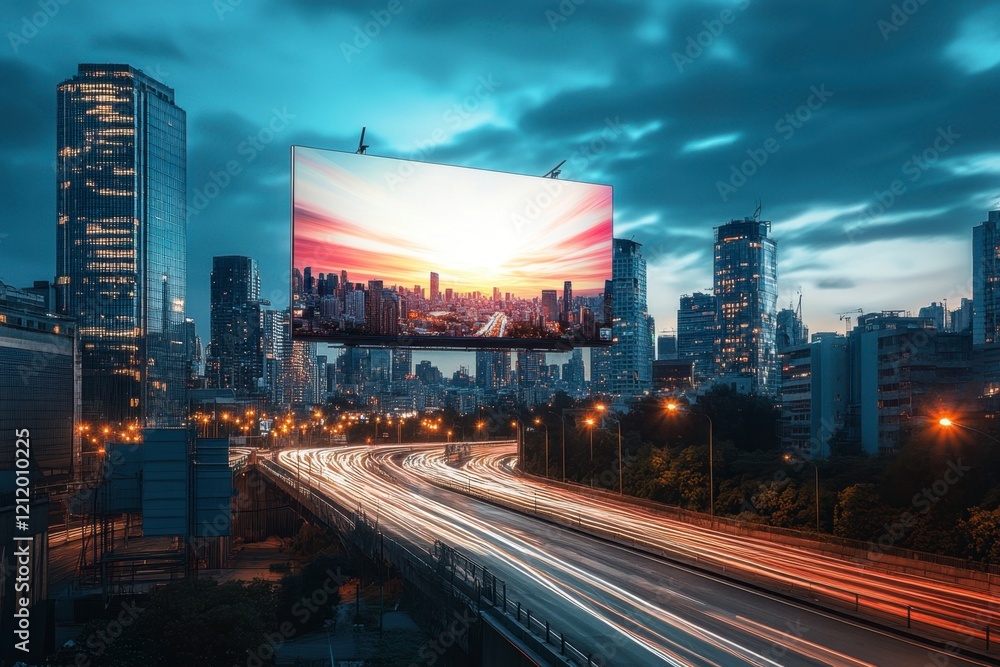 Fototapeta premium Urban Landscape with Billboards and Traffic at Dusk