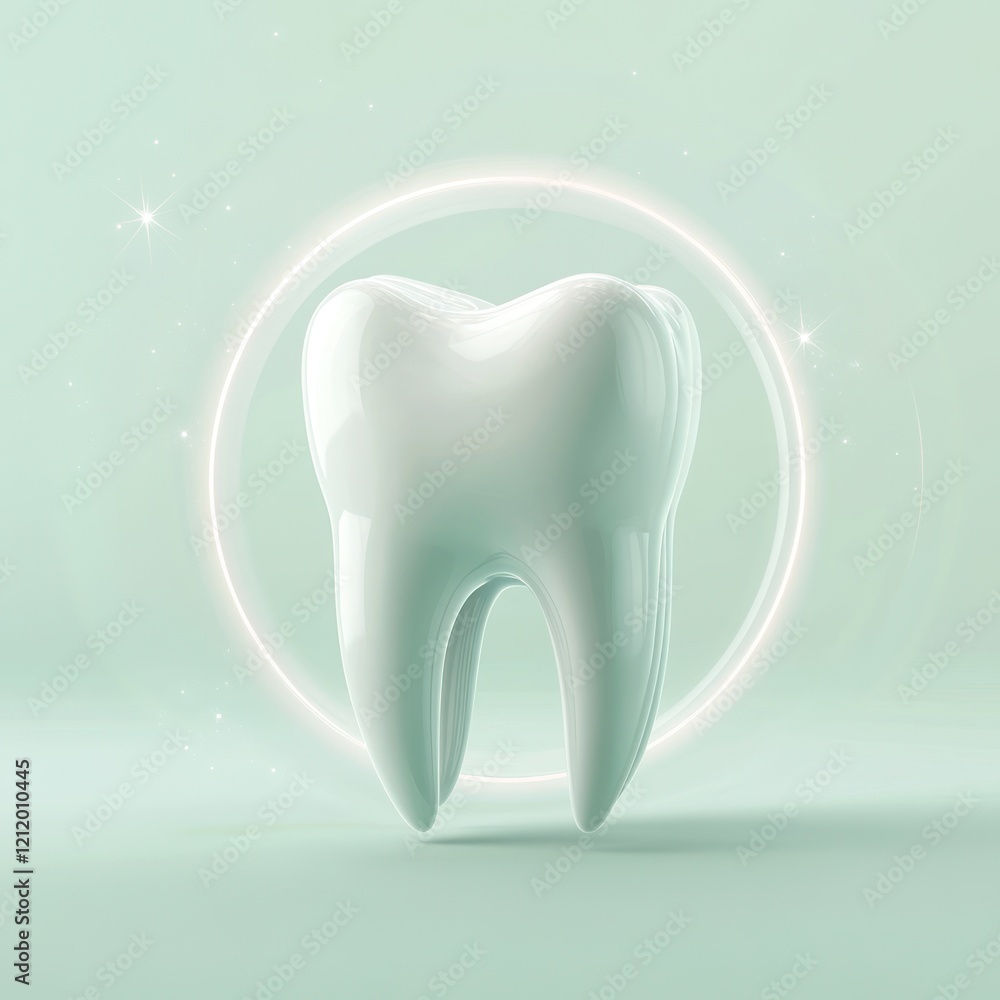 Gleaming tooth, pastel background, dental care, 3D render Gleaming tooth, pastel background, dental care, 3D render