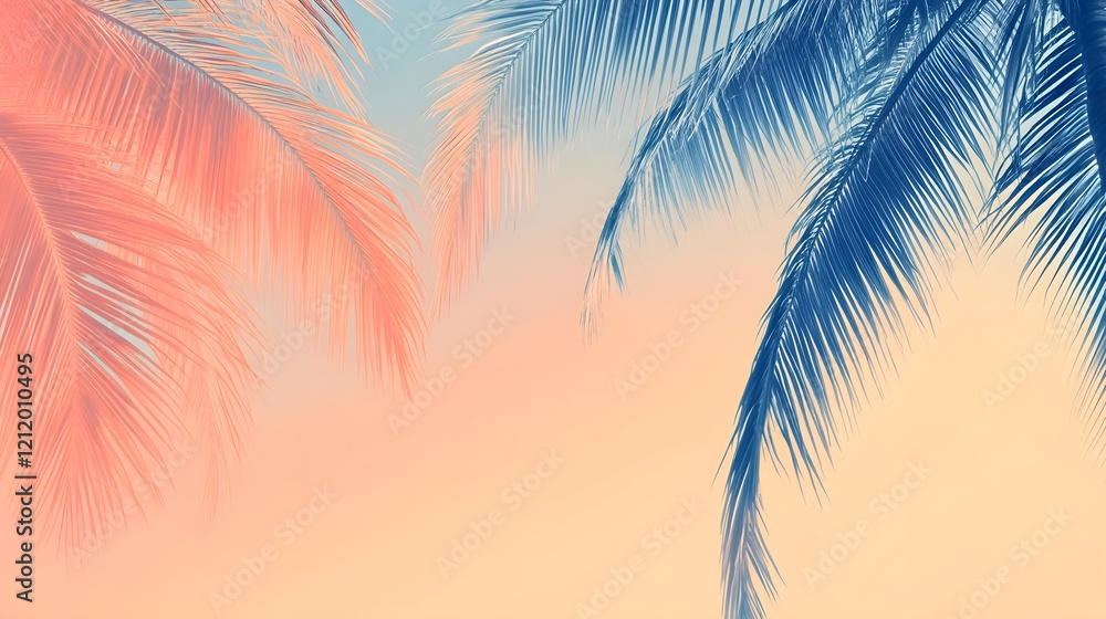refreshing summer banner, beach palms, minimalistic, rose orange blue tones, light refreshing summer banner, beach palms, minimalistic, rose orange blue tones, light