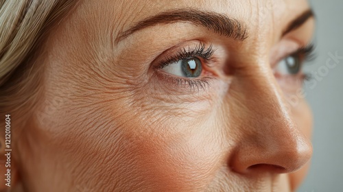 A close-up view of an older woman's face with wrinkles, showing signs of aging.