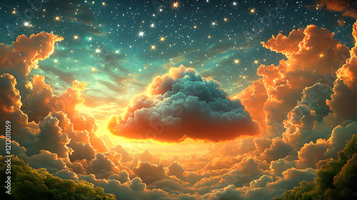 Dreamlike sunset landscape featuring a large, glowing cloud amidst vibrant, golden clouds and a starstudded sky. Ideal for fantasy, spirituality, or naturethemed projects. photo